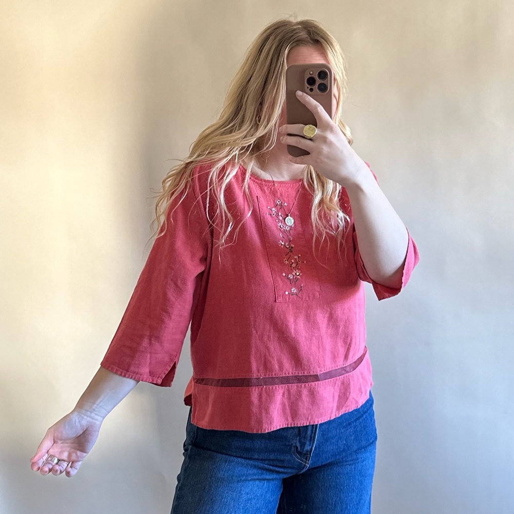 SALE — Linen Blend Embroidered Top